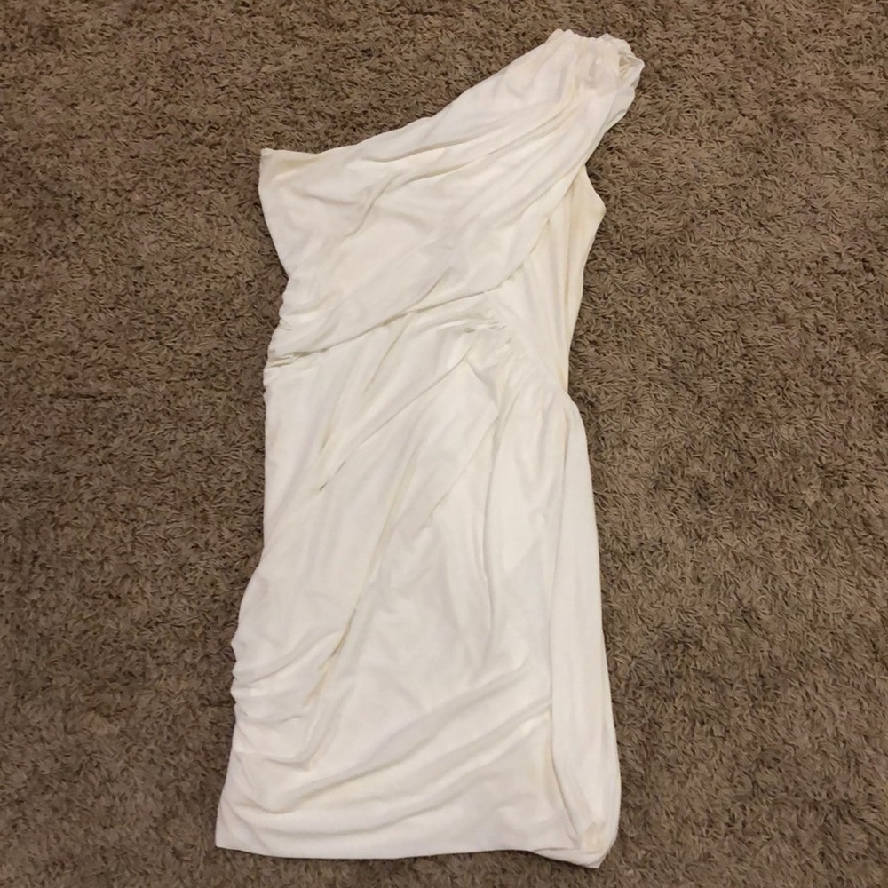 White one-shoulder cinched and draped dress